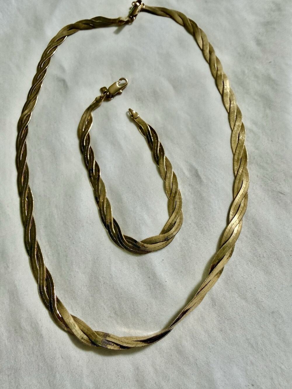 24K GB Gold Bonded Necklace & Bracelet Chain Link Set Unisex 20" Long & 8” Long